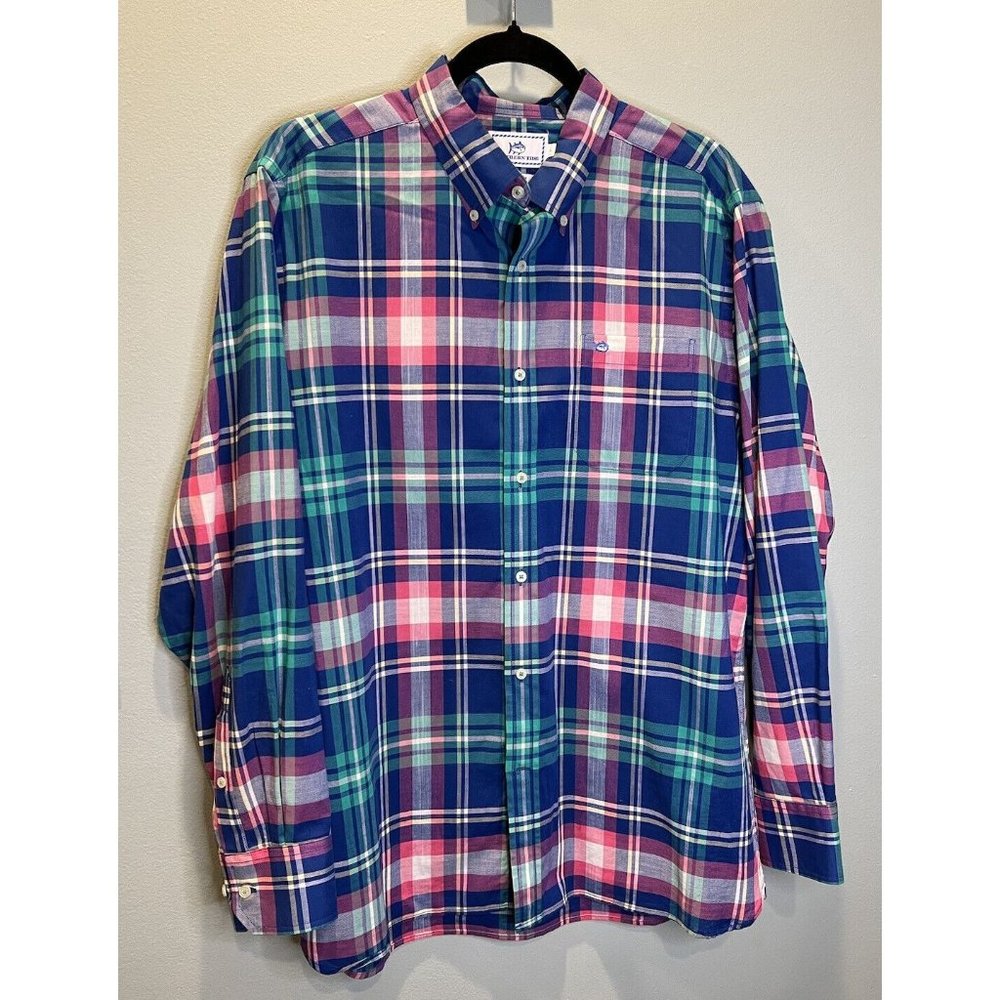 Southern Tide Shirt Mens Large Button Up Multicolor Plaid Trim Fit Logo Cotton